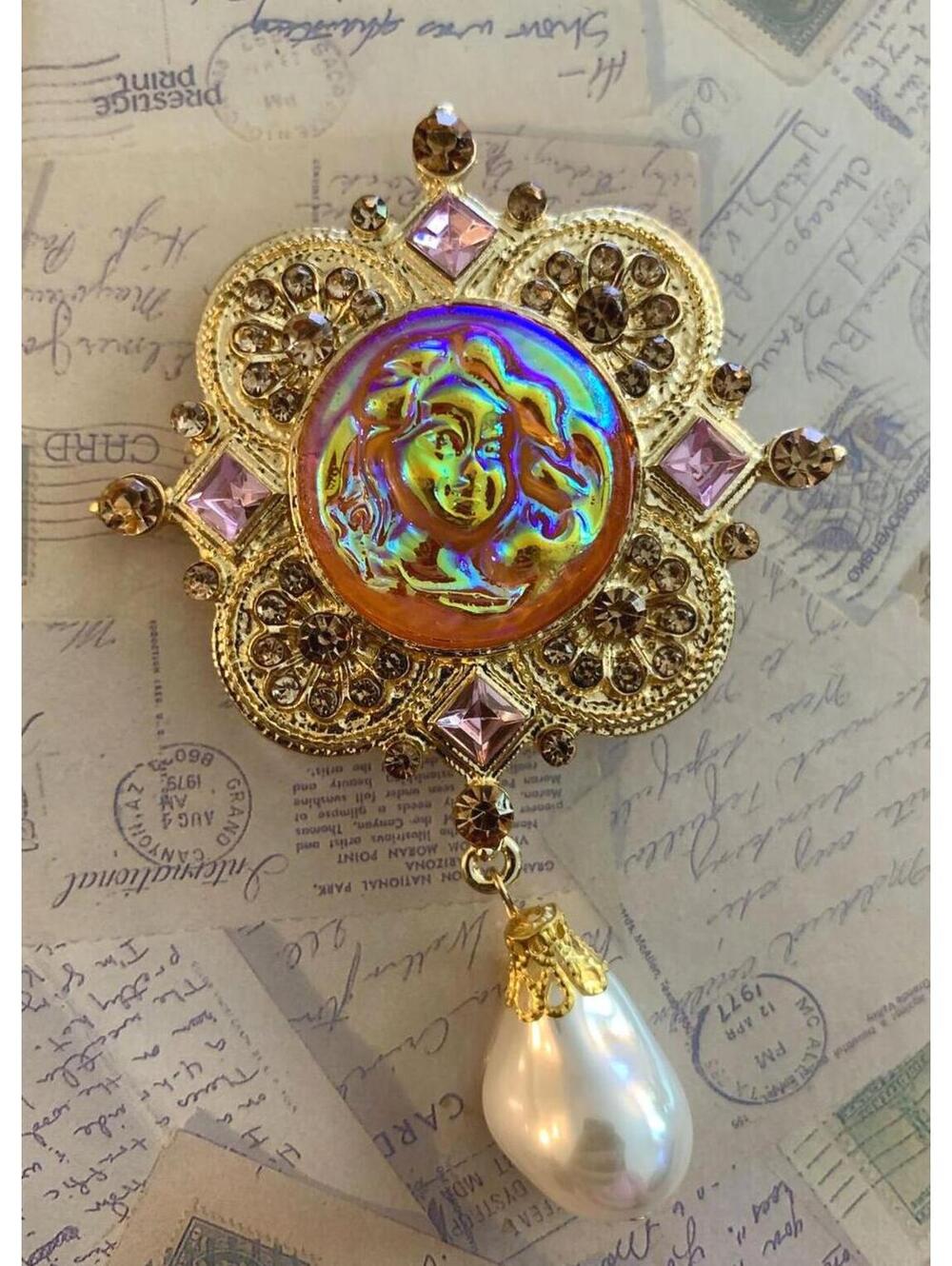 Iridescent Goddess Portrait Dangling Pearl Rhinestones Quatrefoil Jewelry Brooch